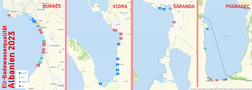 Wasserqualität in Albanien 2023: Karte für Strände in Durrës, Vlora, Saranda und Pogradec basierend auf Daten European Environment Agency