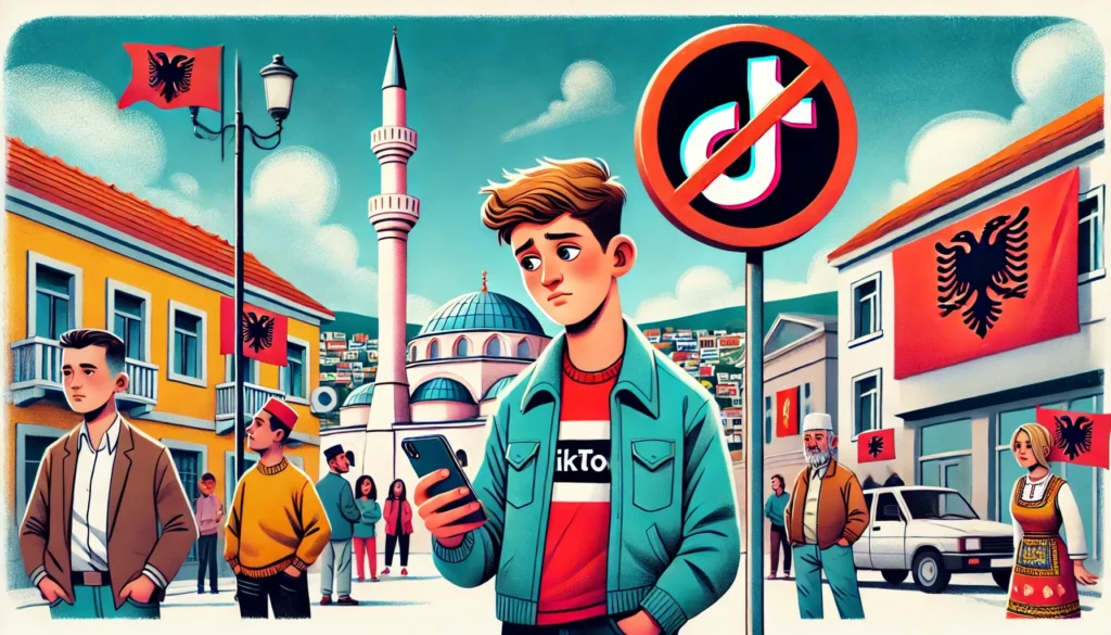 Illustration generiert mit künstlicher Intelligenz: Ein Jugendlicher, der ein Smartphone in der Hand hält. Der Hintergrund zeigt das TikTok-Verbot und die kulturelle Umgebung und eine städtische Umgebung mit einer Moschee und zahlreichen Albanien-Flaggen.